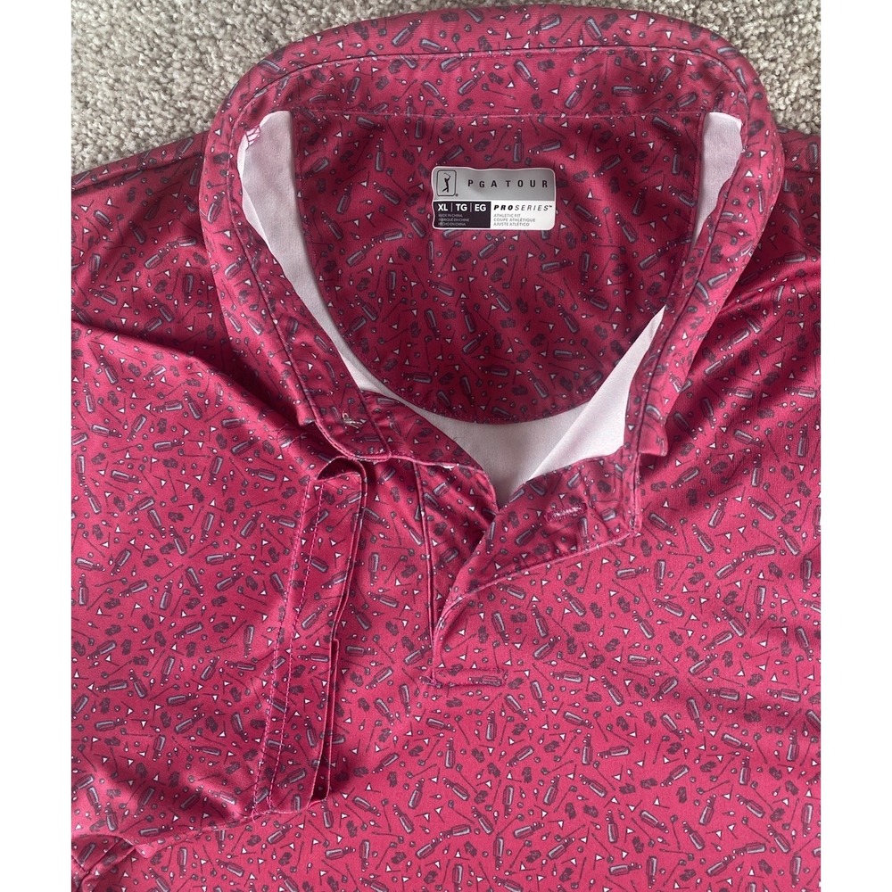 PGA Tour Pro Series Polo Athletic Fit Dark Red All Over Golf Cady Print Mens XL